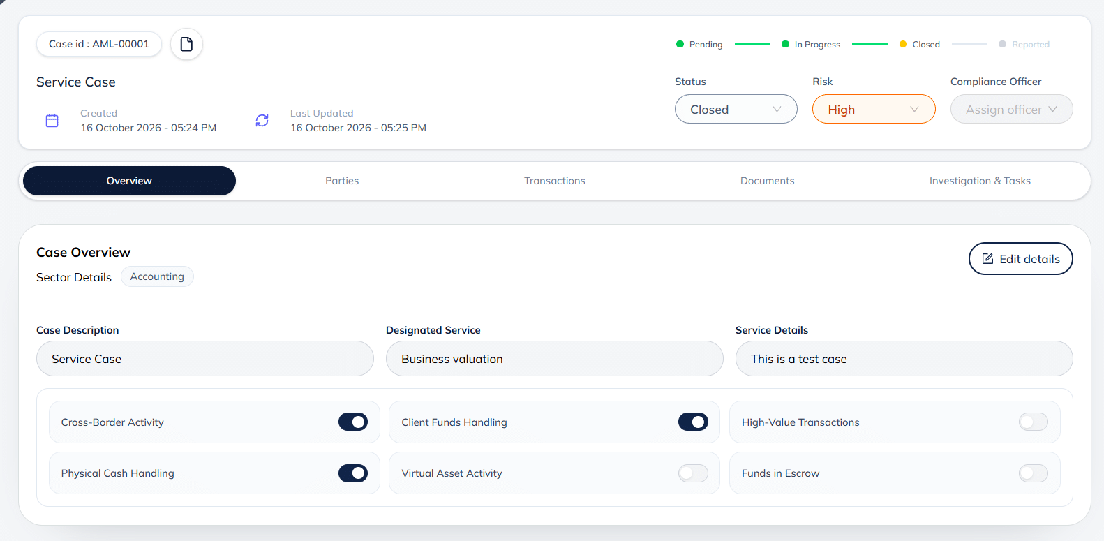 AML Guardian Accounting Service Case showing service details, parties, status and monitoring context