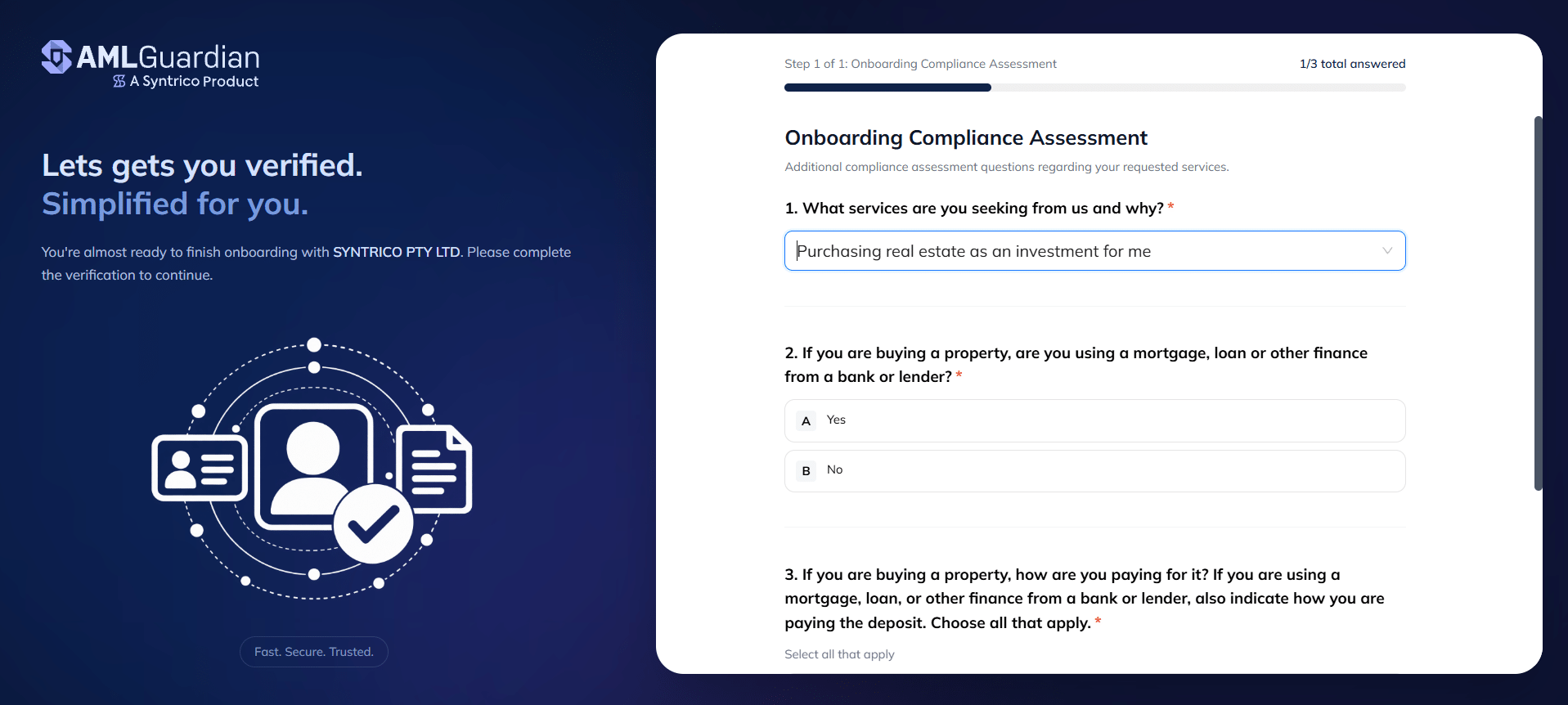 Real estate onboarding compliance assessment showing initial customer due diligence questions