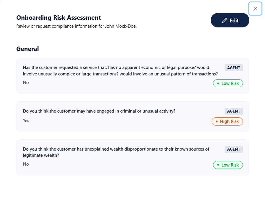 Agent onboarding risk assessment showing staff-side compliance questions about unusual activity, legal purpose, transaction complexity and unexplained wealth