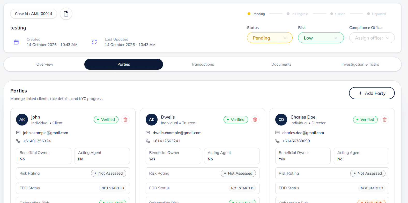 Property case management showing buyer and seller / transferee and transferor roles, verification status, risk rating, EDD status and request-verification action